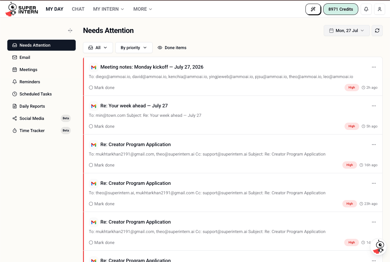 SuperIntern dashboard showing meetings, reminders, and tasks