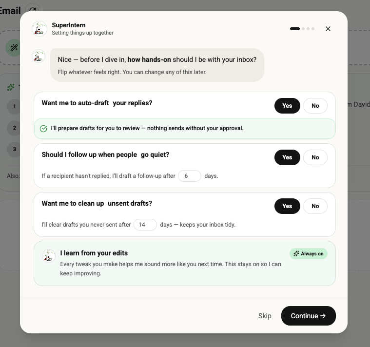 Email preferences in SuperIntern