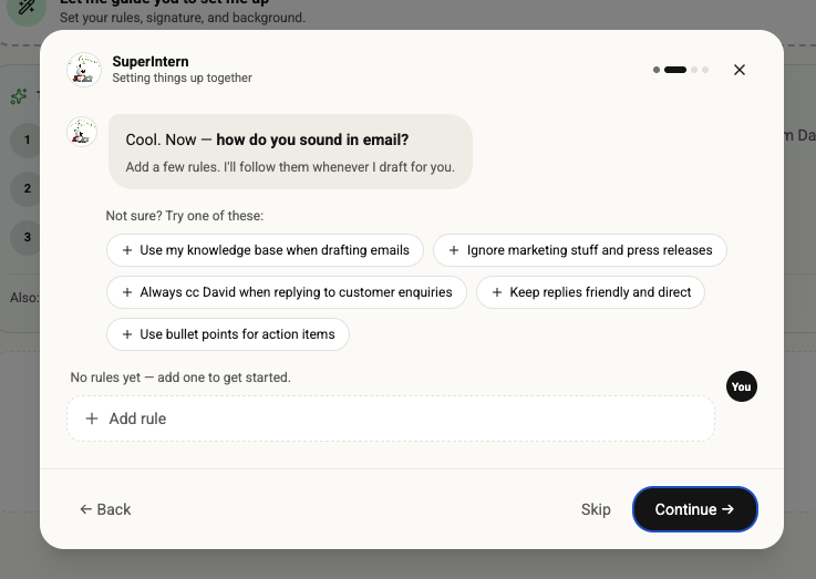 Email drafting rules in SuperIntern